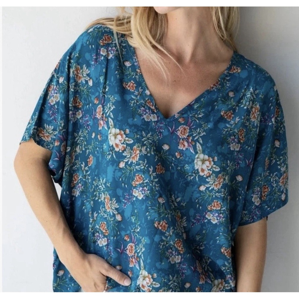Natural Life Easy V Neck Floral Top L Oversized Boxy Boho Flowy Casual Teal